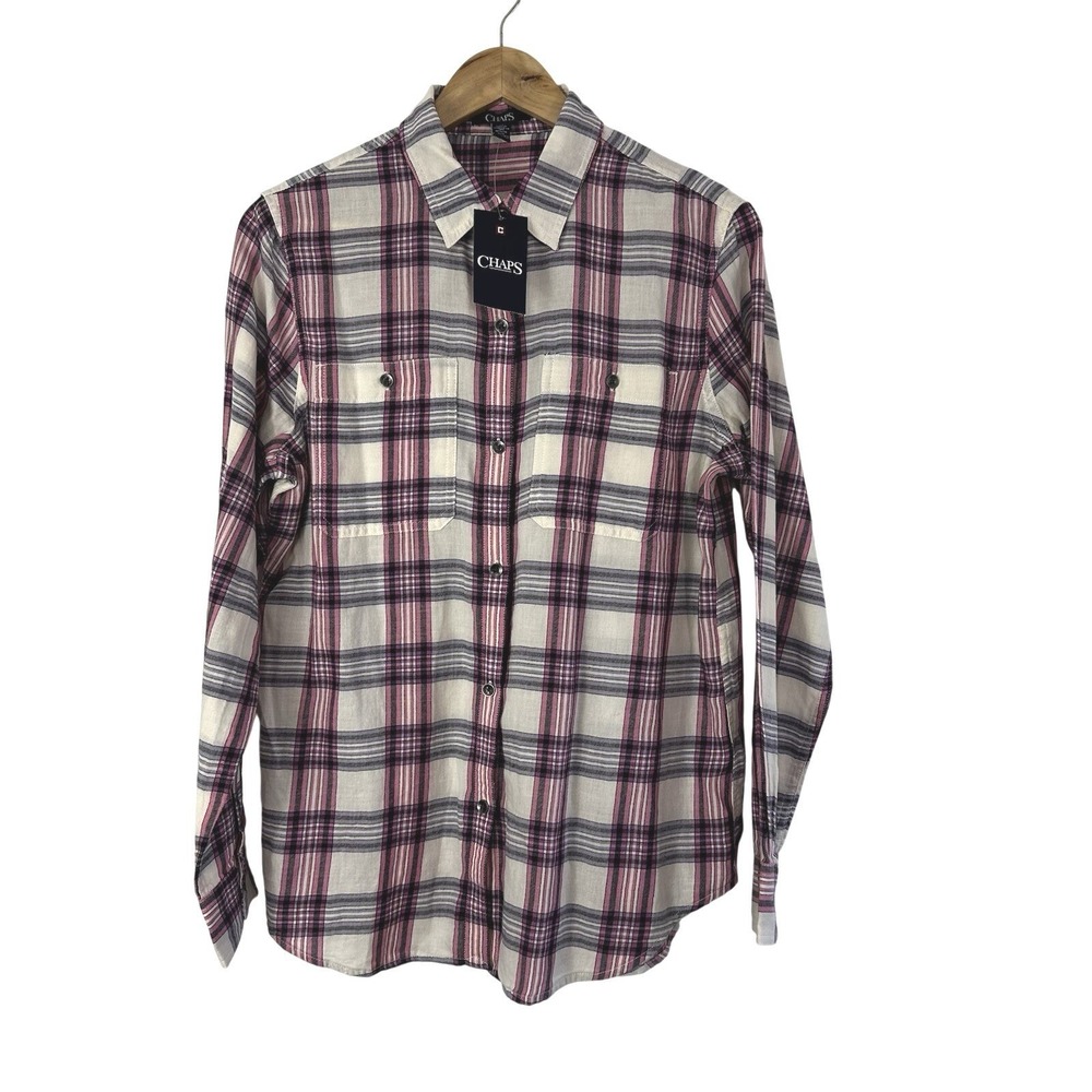 Chaps Women's Button Front Shirt Large Multicolor Plaid Pockets Soft Cozy Top‎